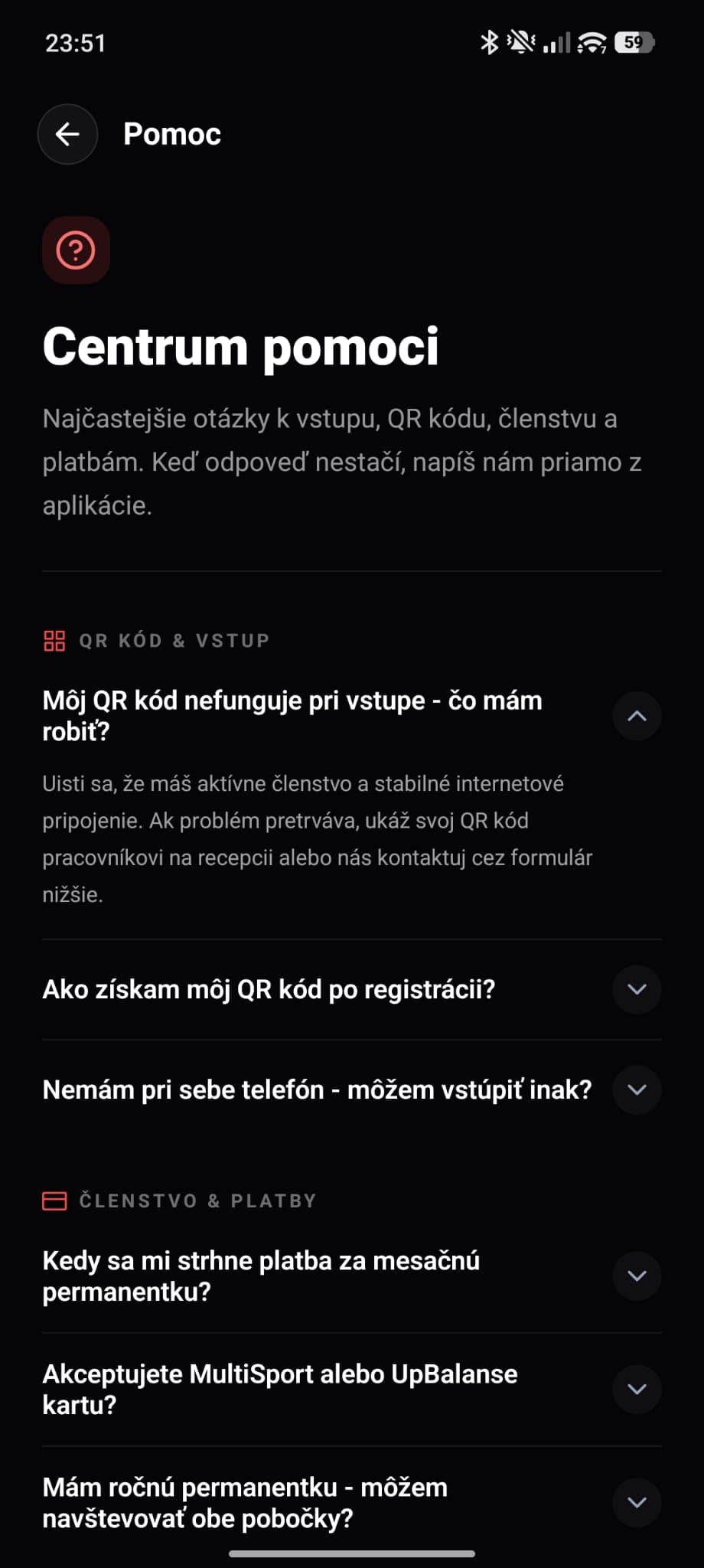 Centrum pomoci v mobilnej aplikácii Tap-it s FAQ a kontaktným formulárom