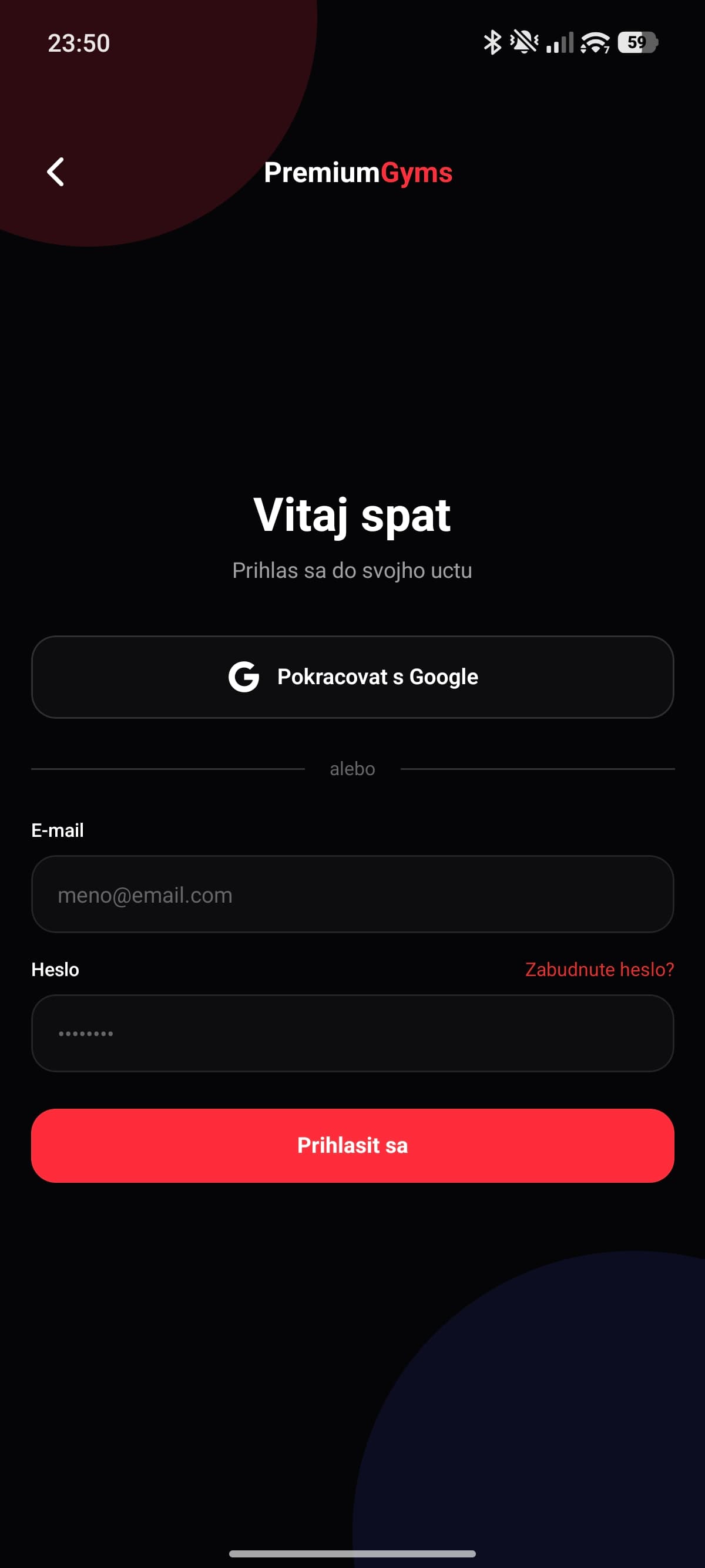Prihlasovacia obrazovka mobilnej aplikácie Tap-it s e-mailom, heslom a Google prihlásením